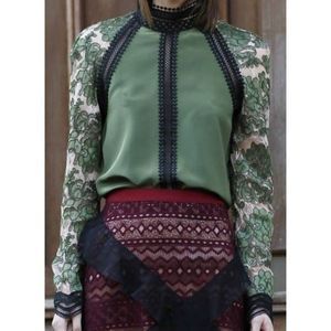 NWT Rick Rhe Green Silk Raglan Women's Sleeves Blouse Silk/Lace  M/L